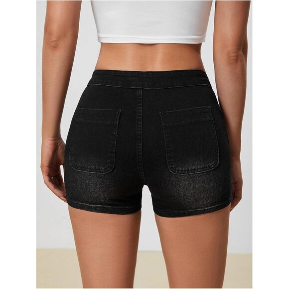 Dark Black Women's High Waist Denim Shorts Straight Leg Roll Up Hem Button Jean - Picture 2 of 5